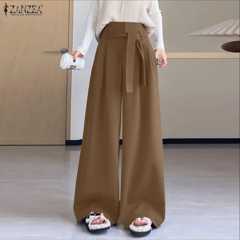 2026 zanzea calças femininas elegantes ol trabalho calças de perna larga casual cintura elástica solta pantalon cor sólida plissado palazzo rua