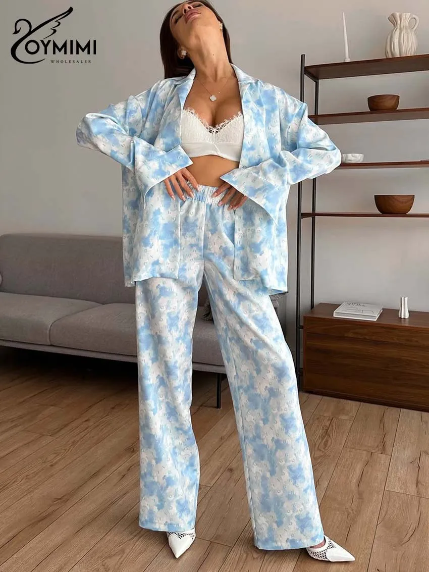 

Oymimi Women's Blue White Tie Dye 2 Piece Set 2026 Spring Long Sleeve Blazer And Wide-Leg Pants Oversized Casual Daily Wear