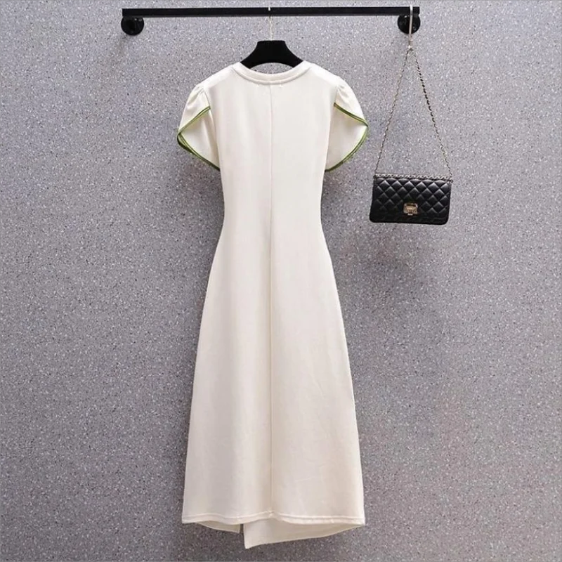 2024 Summer Long Dress Women's Chinese Style Round Neck Pan Buckle Fold Split Large T-shirt Dress Women's