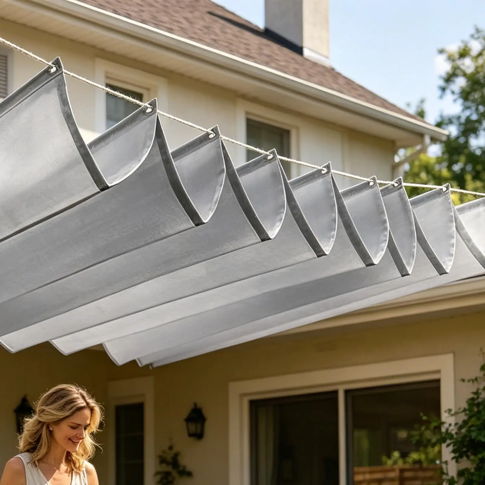 Sun Shade Sail Heavy Duty Waterproof Retractable Sunproof Screen With Wavy Design Patio Sail Shade For Outdoor Beach Porch Deck