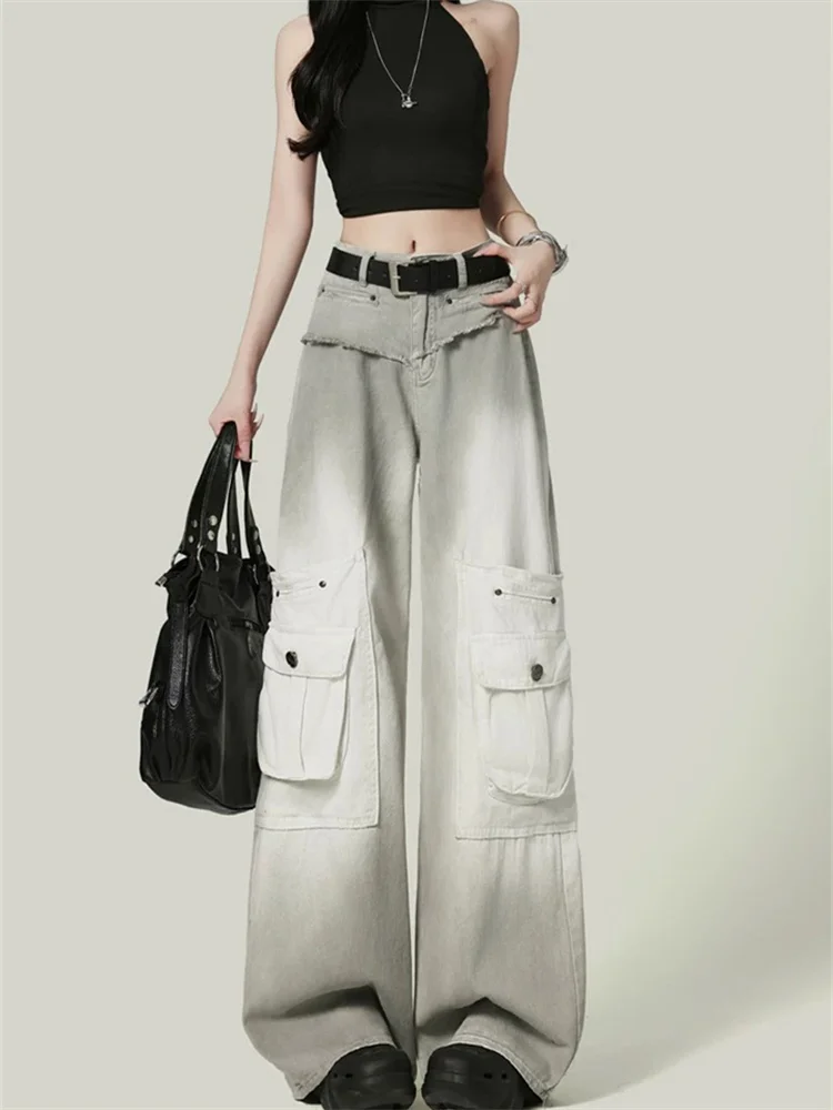 

Designed High Street Tie Dye Cargo Jeans for Women American Gray High Waisted Loose Wide Leg Trousers