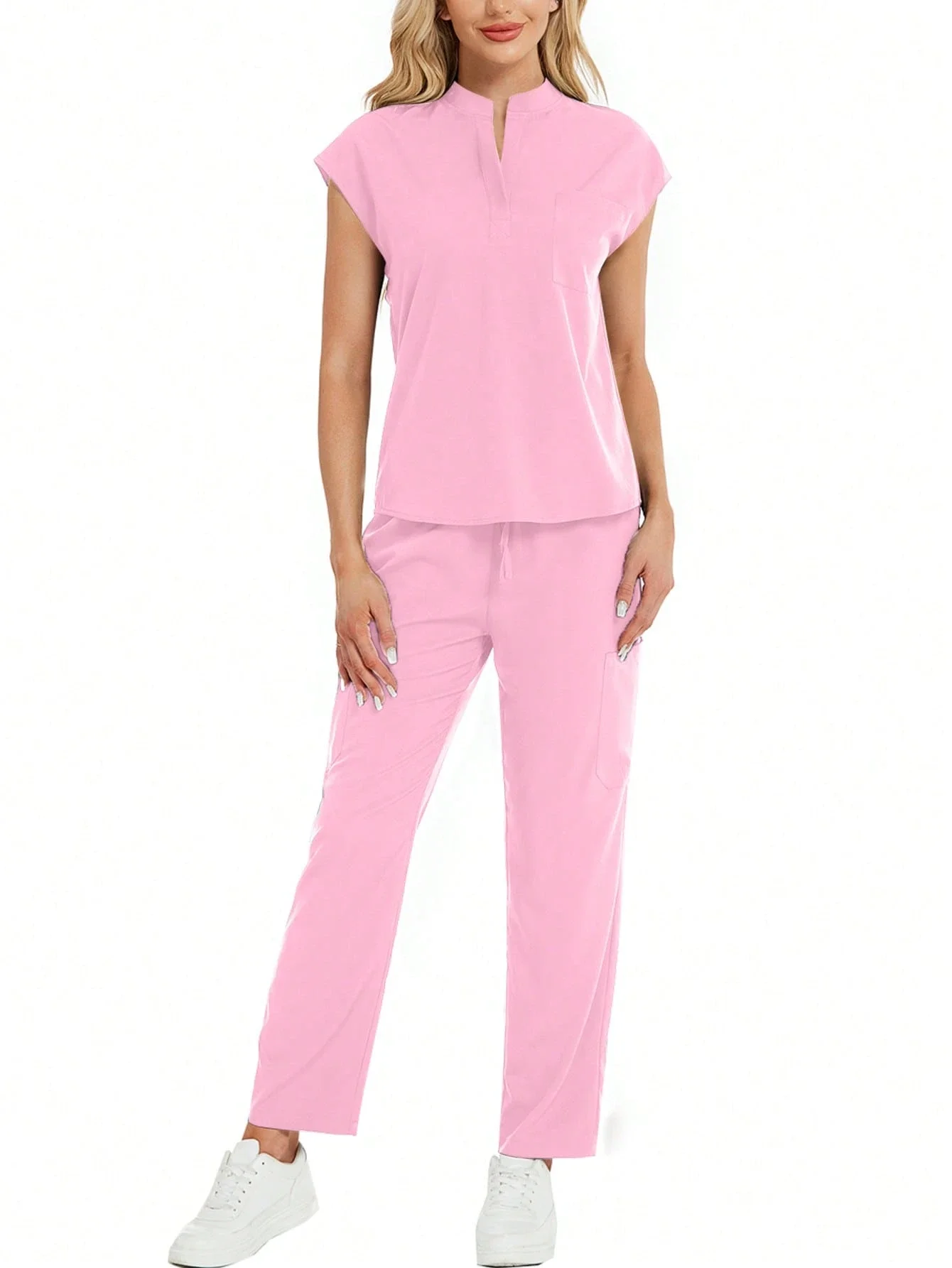

2-Piece Solid Color Scrub Set With Stand Collar Top And Drawstring Pants