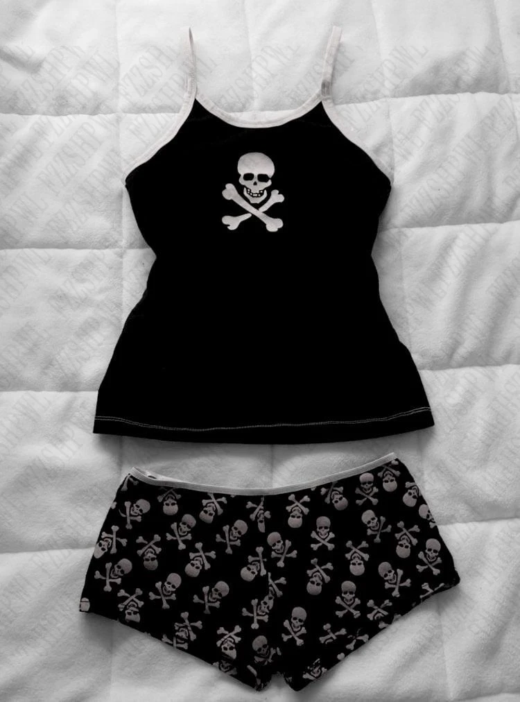 Chic Aesthetic Y2K Tank Top Harajuku Skull Graphic Printed HIP HOP Crop top Gothic 90s Rock Sexy Sling Punk Girl Halter E-Girl