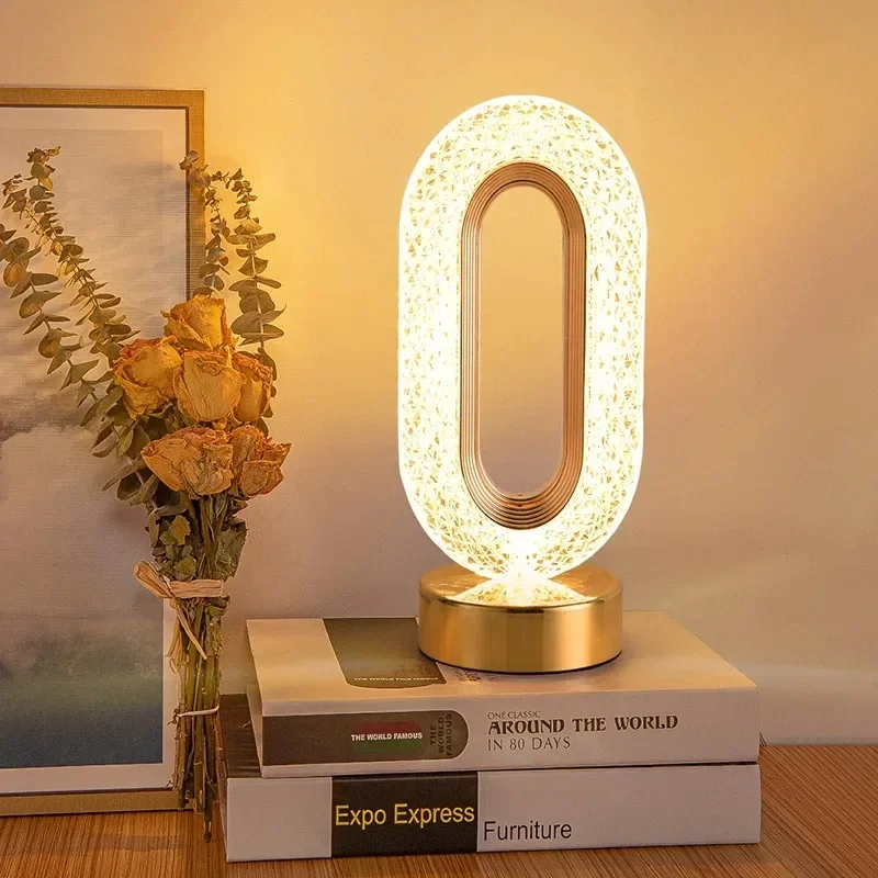 Modern Luxury Oval USB Rechargeable Crystal Table Lamp Living Room Bedroom Bedside Creative Decoration Atmosphere Night Light