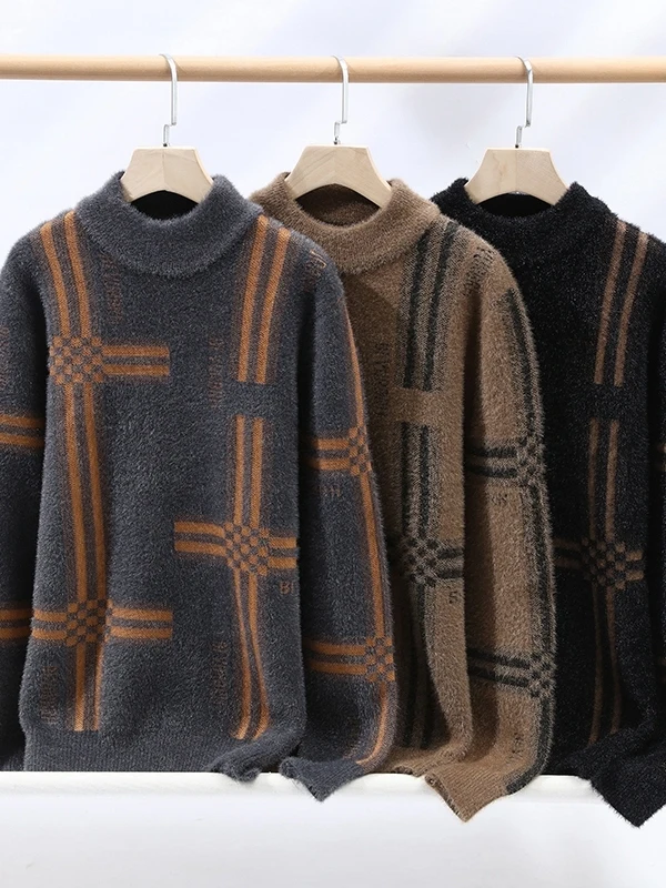 

Men's Knitted f High Collar Sweater Autumn Winter New Sle Casual Geometric Patterned Pullover Thi Warm Polyester Fiber