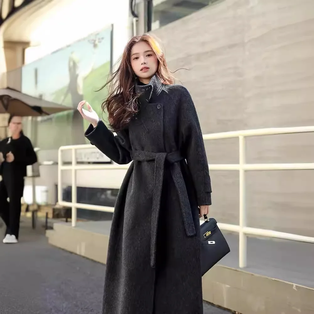 Stand-up collar waist high-end double-sided wool coat for women's 2024 new early spring extended temperament woolen coat batch