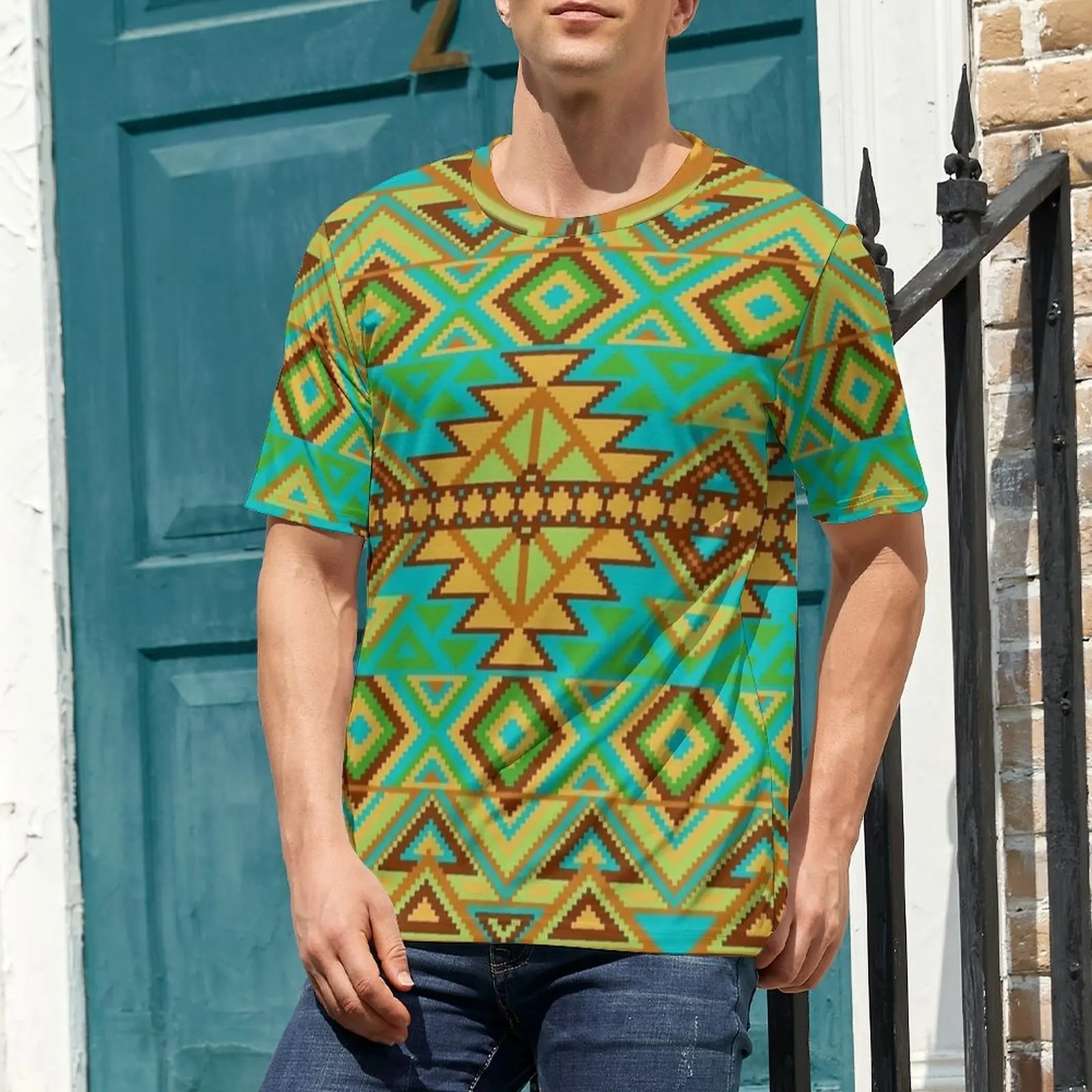 Retro Boho Aztec Pixel Print T Shirt  Fashion T Shirts Man Casual Tee Shirt Premium Short Sleeve Design Tees Plus Size