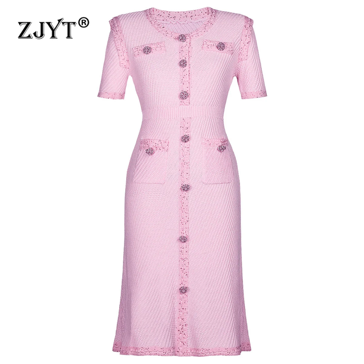 

ZJYT Fashion Pearls Sequined Knitting Sweater Dresses for Women Summer 2025 Elegant Short Sleeve Sweet Pink Party Casual Dress