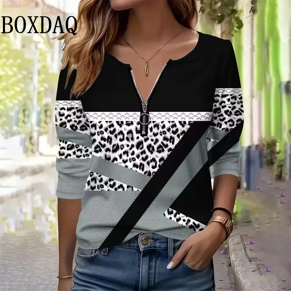 

Осенне-зимние толстовки женские на молнии с v-образным вырезом и длинным рукавом с леопардовым геометрическим принтом повседневные топы женские модные свободные толстовки 2025
