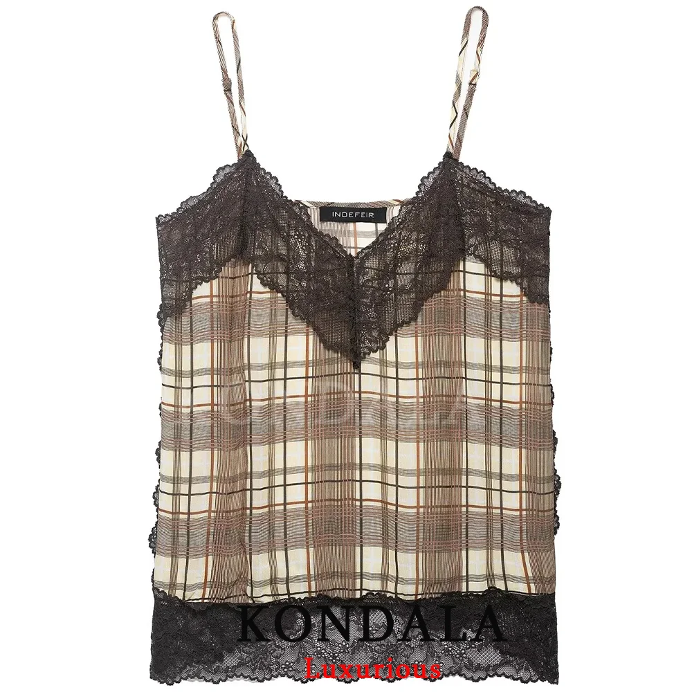 KONDALA Sexy Damen Cami-Top Kariert Ärmellos Rückenfrei V-Ausschnitt Top Neue Mode 2026 Frühling Urlaub V-Ausschnitt Spitze Kurze Tops