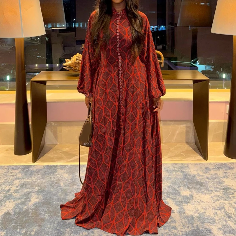 Elegantes V-Ausschnitt-Kleid mit Laternenärmeln und Print, hochtailliertes, plissiertes Damenkleid, Herbst-Neuheit, schlichtes Urlaubskleid