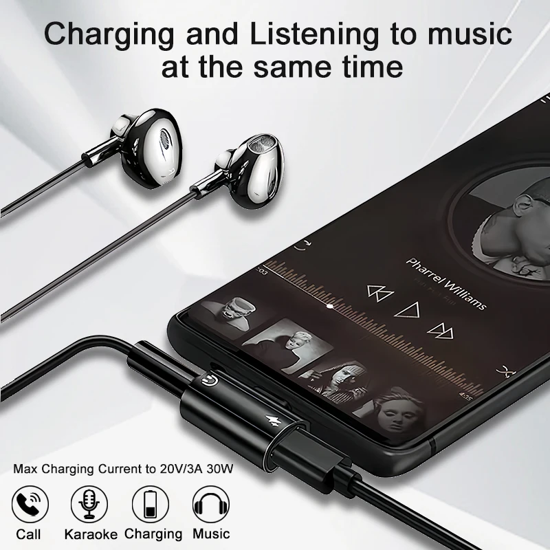 2 in 1 USB Type C to 3.5mm Jack AUX Audio Headphone Adapter Type-C Charger 30W Adapter For Samsung iPhone 15 Xiaomi Huawei