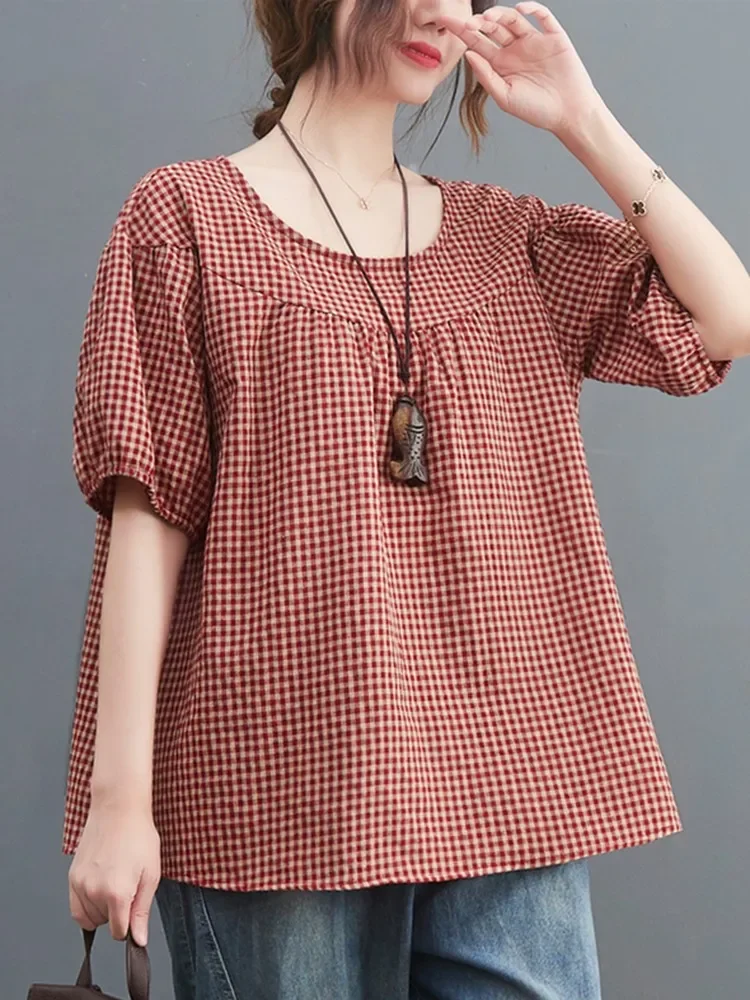 

Women Summer Casual T-shirts New 2024 Vintage Style O-neck Plaid Print Loose Cotton Linen Female Short Sleeve Tops Tees
