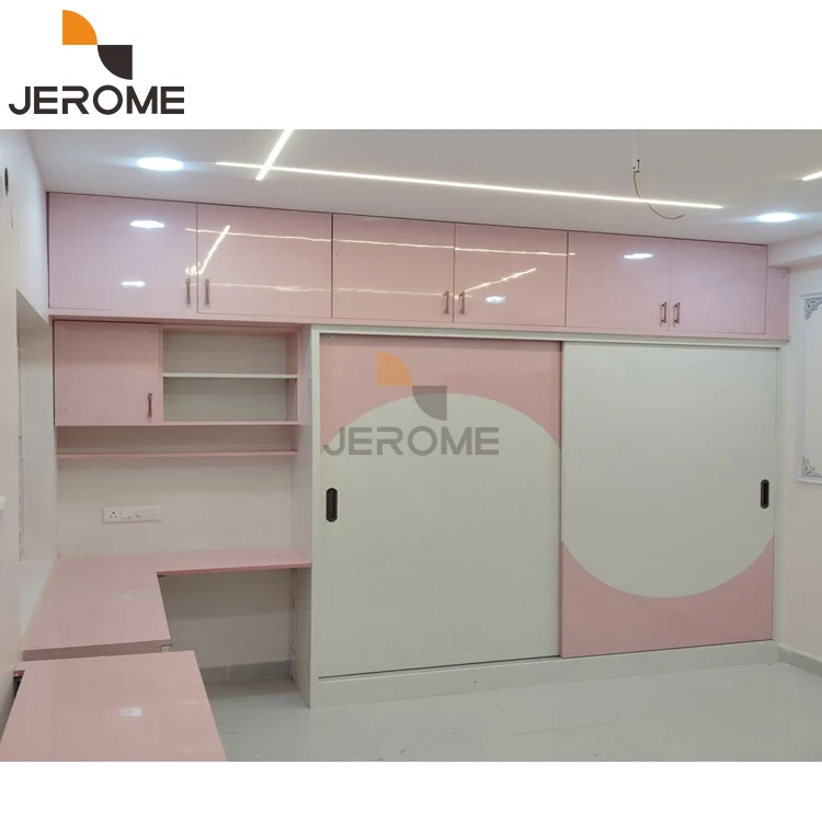 مصنع مخصص التصميم الحديث غرفة نوم الملابس ألميرا خزانة الأثاث أطفال الأطفال الوردي والأبيض MDF الخشب خزانة منزلقة