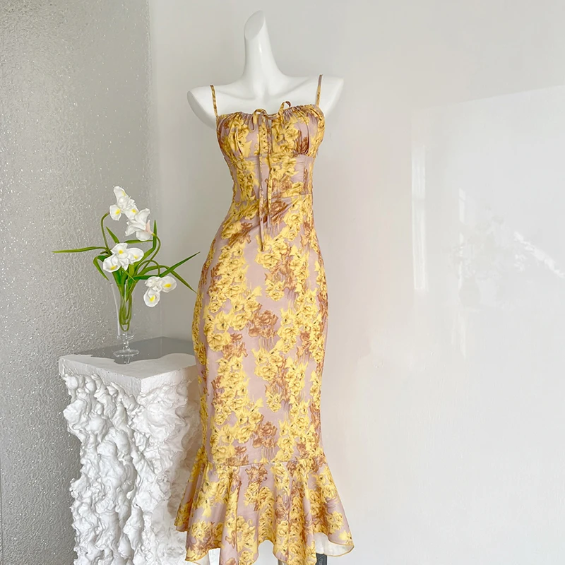 French Marigold Floral Print Halter Mermaid Dress Women Summer Beach Drawstring Dress Zip Midi Dress Korean Fashion Vestidos