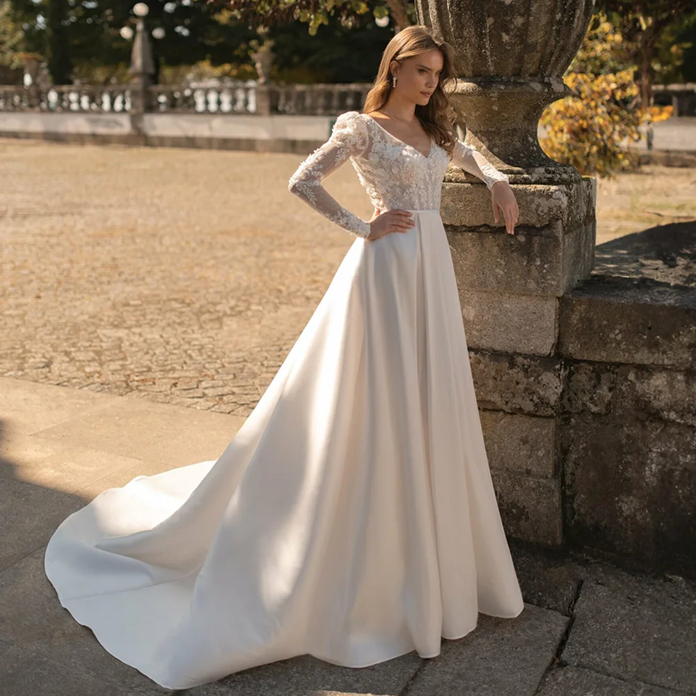 Robe de Mariée en Satin à Manches sulfet Col en V pour Femme, Personnalisée, avec Fleurs Appliquées, Transparente, Ligne A