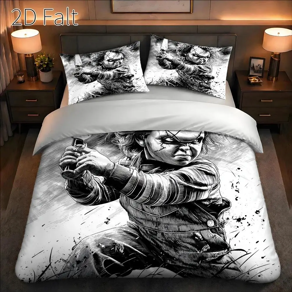 3-Piece Quilt Cover Set, 1 Quilt Cover + 2 Pillowcases (Without Filling) 2D Flat Printing, Three-Piece Quilt Cover Set, Horror Doll Theme Pattern, Dark Art Style, Halloween, Suitable for All Seasons, Machine Washable, Invisible Zipper, Large Quilt Cover Set, Bedding Set, Skin-Friendly, Breathable, Soft and Comfortable, Does Not Fade or Pill, Suitable for Home/Dormitory/Master Bedroom/Guest Room