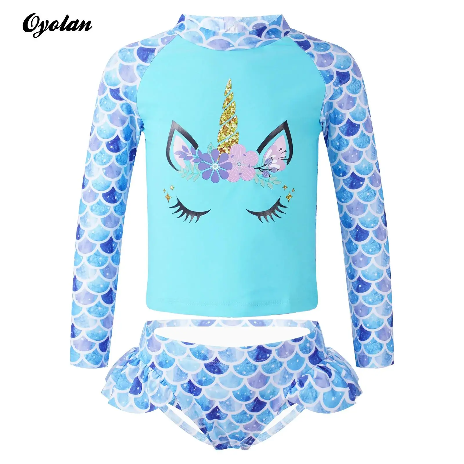 2Pcs Kids Girls Fish Scales Print Swimsuit Set Round Neck Cartoon Horse Print Swim Tops And Briefs Beach Swimwear Bathing Suits