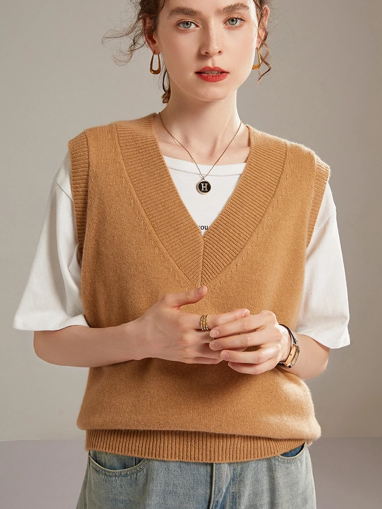 

High-end Thicken 100% Goat Cashmere Waistcoat Women V-Neck Sleeveless Knitted Pullover Casual Warm Knit Vest Sweater Loose Tops