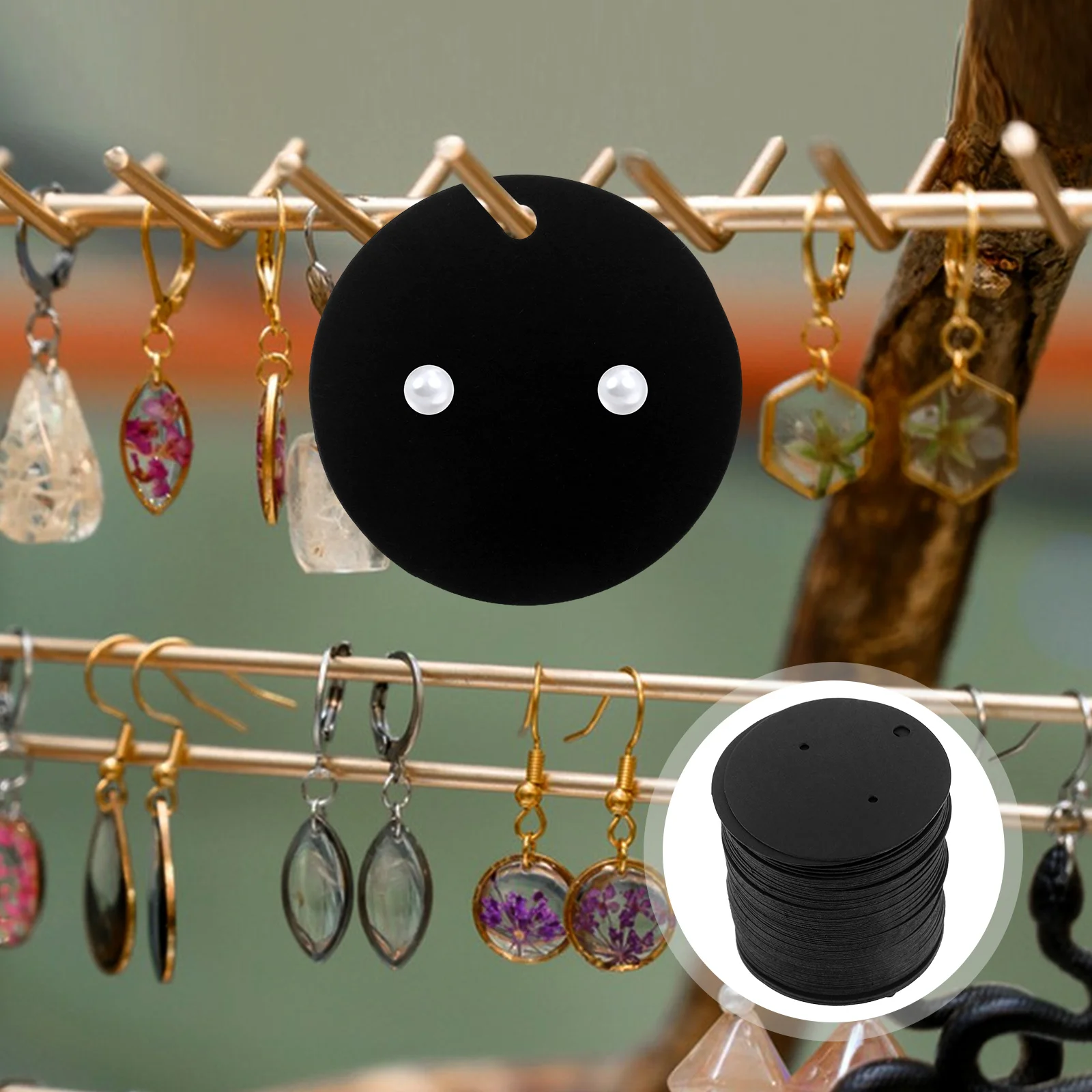 

100 шт. черных круглых бумажных карточек-держателей диаметром 5 см для демонстрации ювелирных изделий, подвесных бирок для розничной торговли, оптовая продажа карточек для демонстрации серег