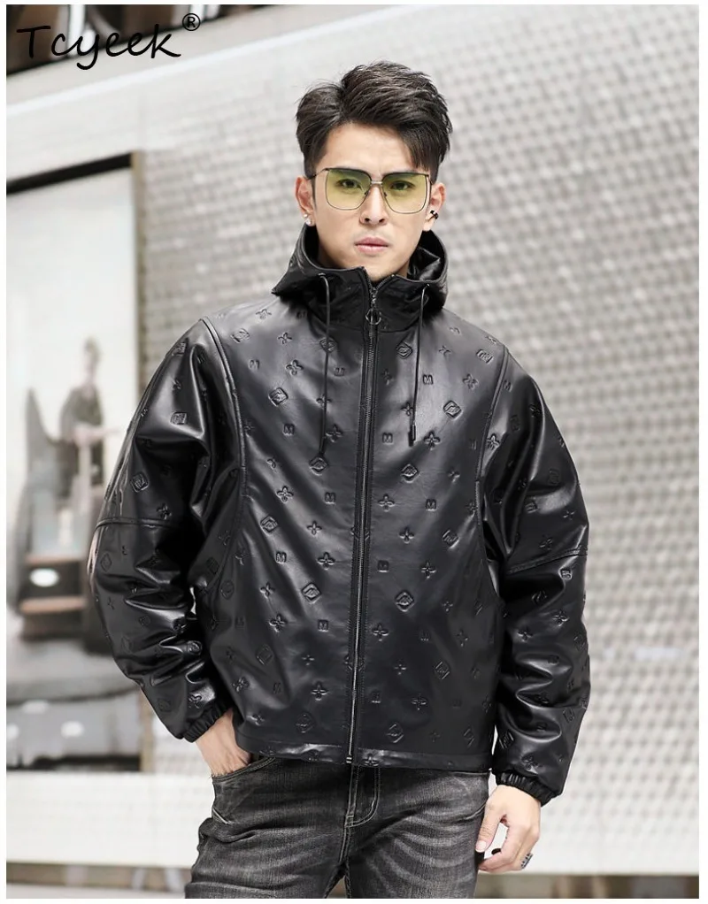 Tcyeek Calfskin Hooded Jackets Men Embossed Genuine Leather Coat Detachable Goose Down Liner  Men Leather Jacket Winter Clothes