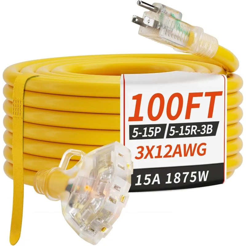 

100 FT 12/3 Gauge Outdoor Extension Cord With Multiple Outlets Light Indicator, Flexible 3 Outlet Weatherproof Heavy Duty