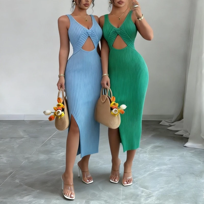 Grünes Twist-Front-Kleid mit Ausschnitt und Schlitz, Ärmelloses Sommerkleid für Damen, V-Ausschnitt, Dehnbares Geripptes Strick-Partykleid, Clubwear-Outfit