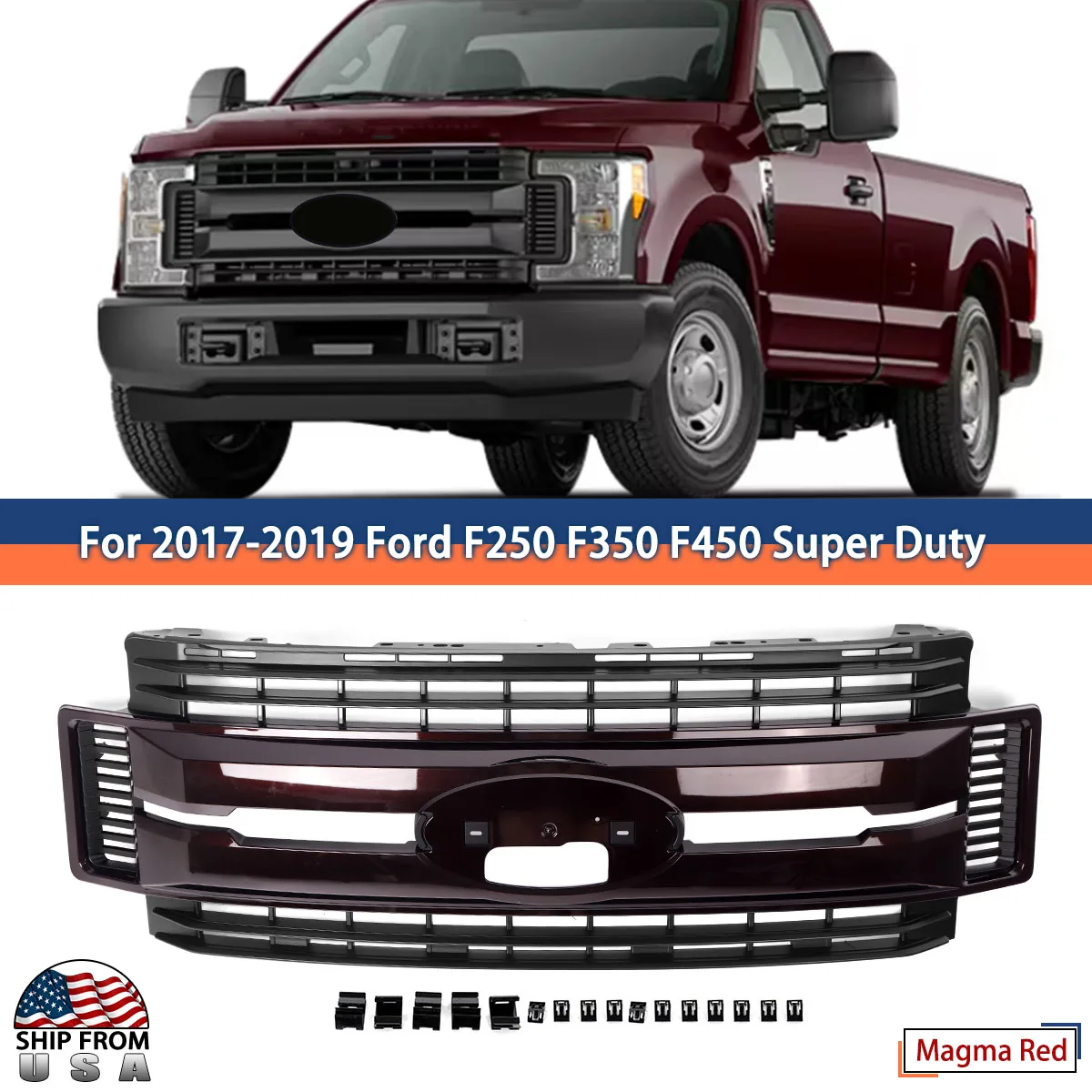 

Car Grille Magma Red For Ford F250 F350 F450 F550 Super Duty 2017-2019 Modified Front Bumper Grille Upper Grille Hood Grills