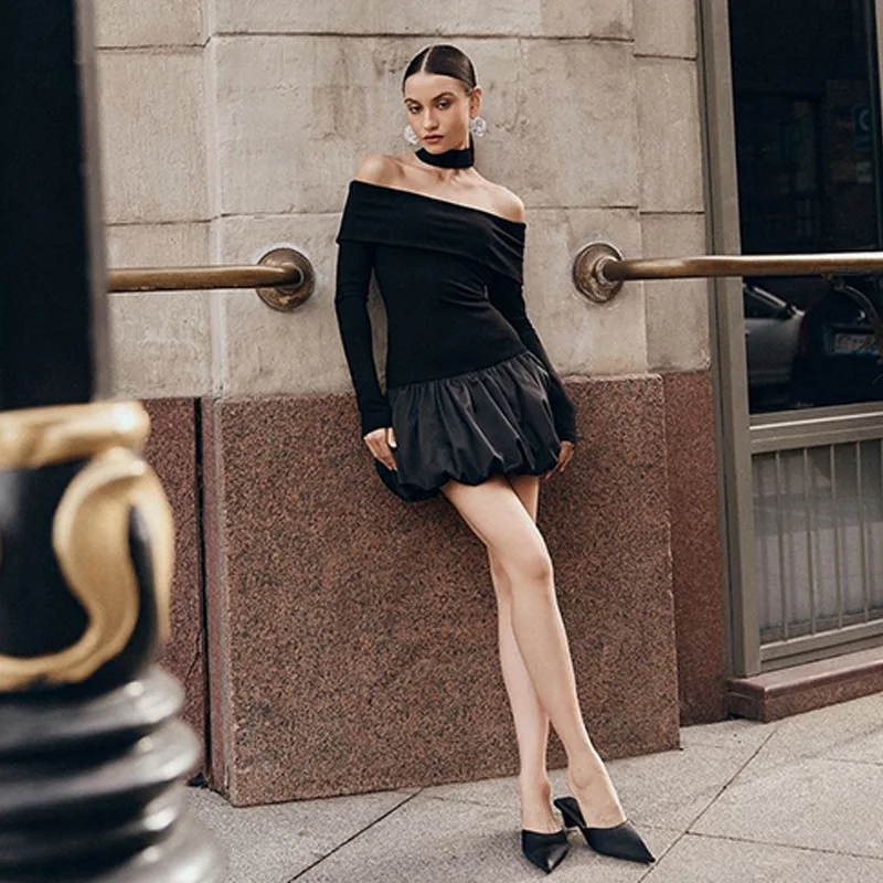 Sukienka mini z dzianiny patchworkowej na jesień 2025, damska, dopasowana, z odkrytymi ramionami, długi rękaw, kontrastowa, elegancka sukienka na imprezę, damska sukienka bez pleców.