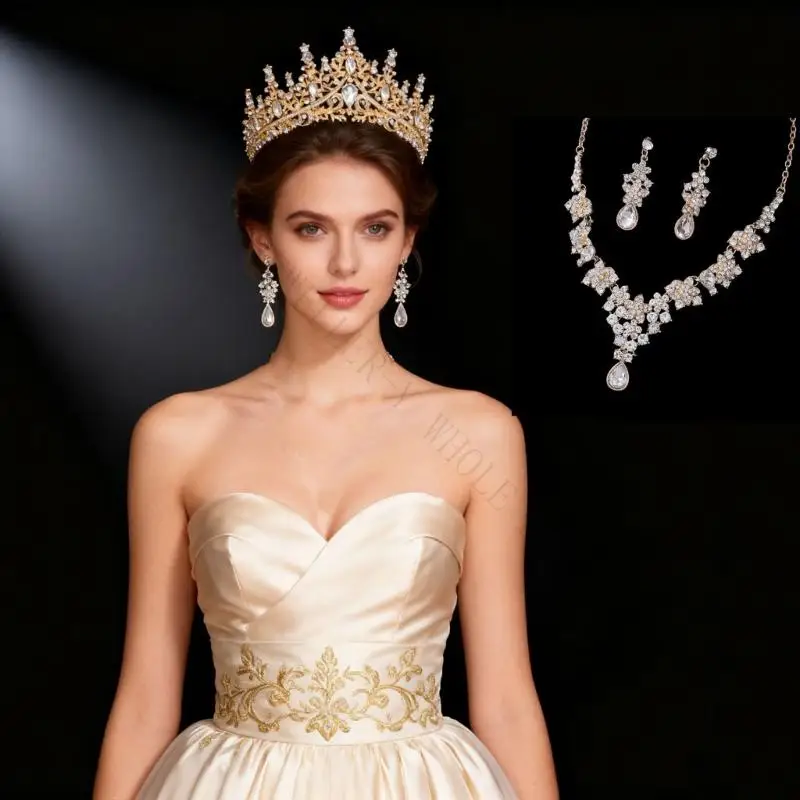 R7UF Practical Multilayer Rhinestones Bridal Crown and Necklace Set for Photography