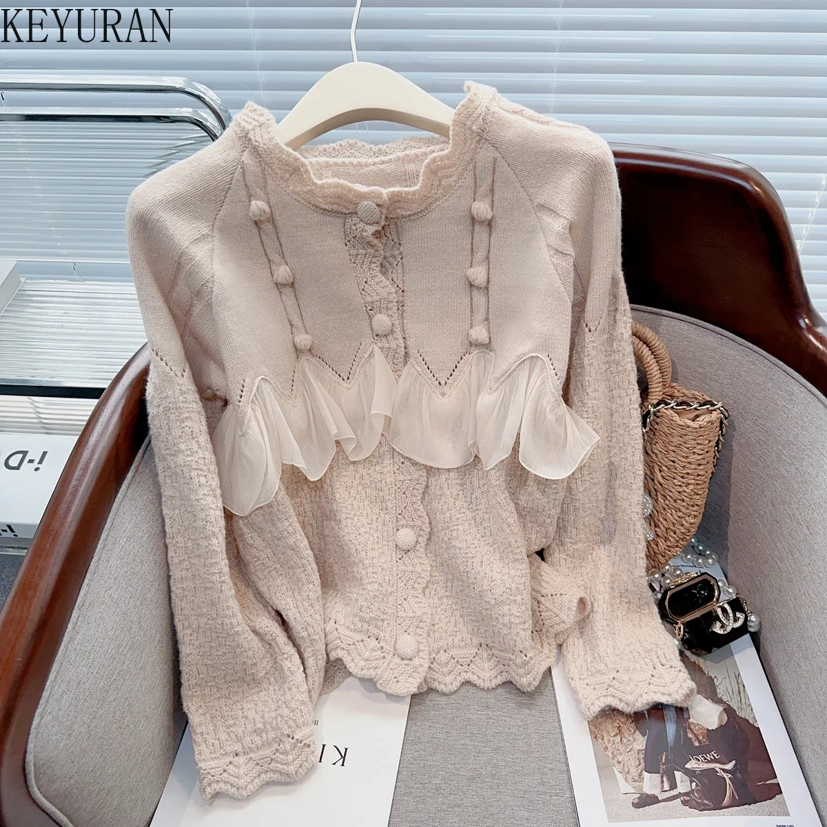 Ruffles Sweater Coat Women Knitted Cardigan Jacket Autumn Winter Fashion Loose Long Sleeve Single-breasted Knitwear Tops Jumpers