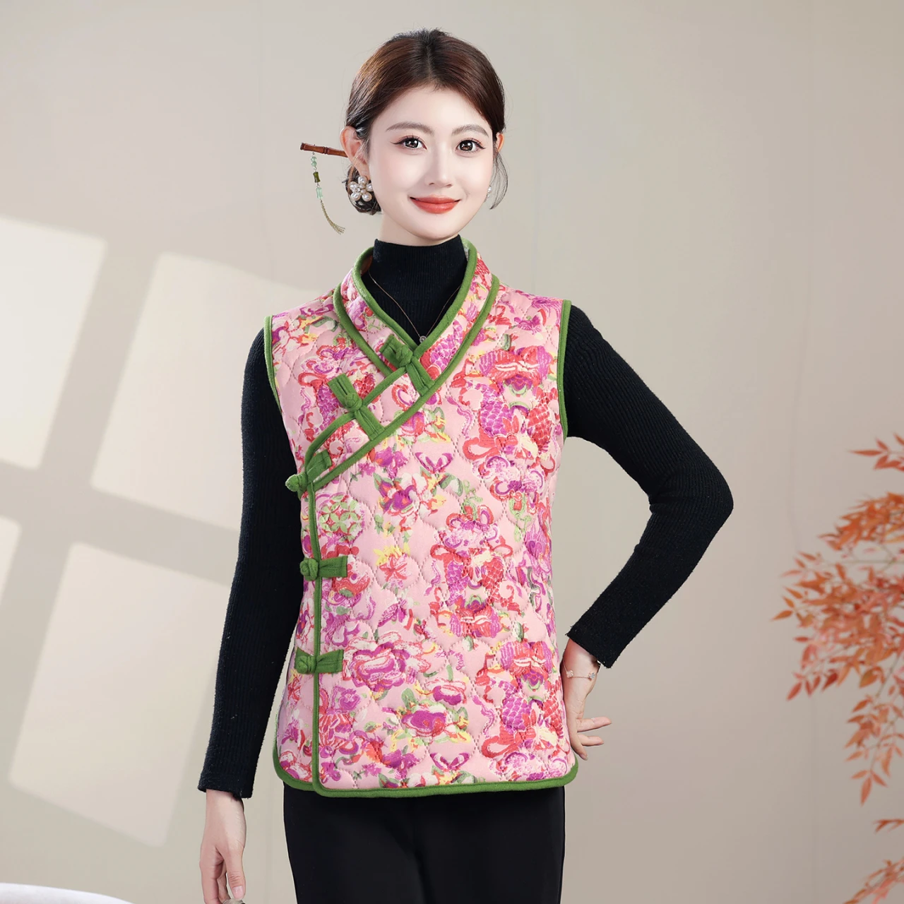 Lente Herfst Dames Jaet Vest Bovenkleding Verdikte polyestervezel, middelbare leeftijd en ly Kleding met bloemenpatroon