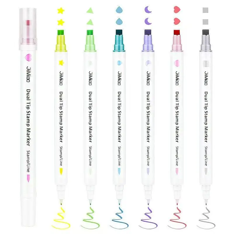 6 Colors Star/Heart/Moon/Drop/Square Stamp Double Headed Art Marker Highlighter Pen for Scrapbook Diary Poster Christmas Card