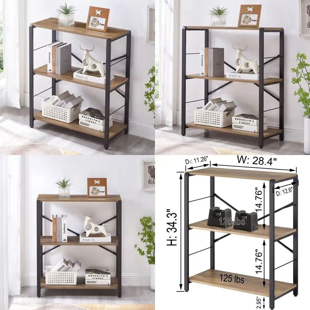 Rustic 3-Tier Wooden and Metal Bookshelf for Compact Spaces, Oak Finish, Open Shelving Unit