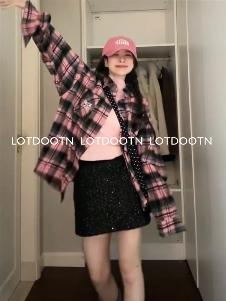 LOTDOOTN Vintage Plaid Long Sleeve Shirts Female Autumn Office Single Breasted Woman Blouse Fashion Casual Turn Down Collar Tops