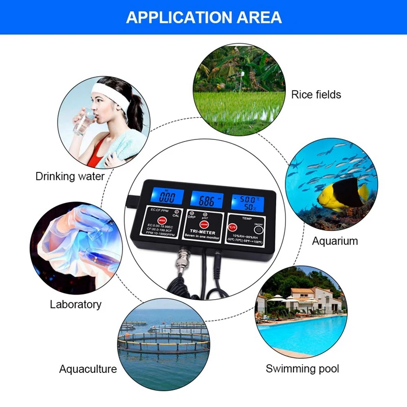 7 In 1 Water Quality Tester Multi-Function EC/TDS/CF/PH/ORP/Humidity/TEMP Meter For Swimming Pool, Fish Pond Easy To Use US Plug