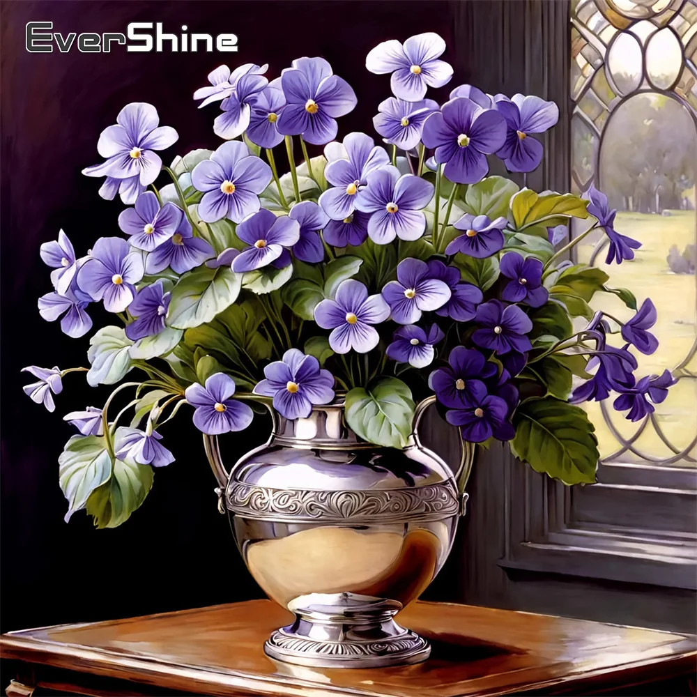 EverShine Diamant-Mosaik, lila Blumen, quadratisches Bild mit Strass-Malerei, Gänseblümchen, DIY-Stickerei, Vase, Heimdekoration