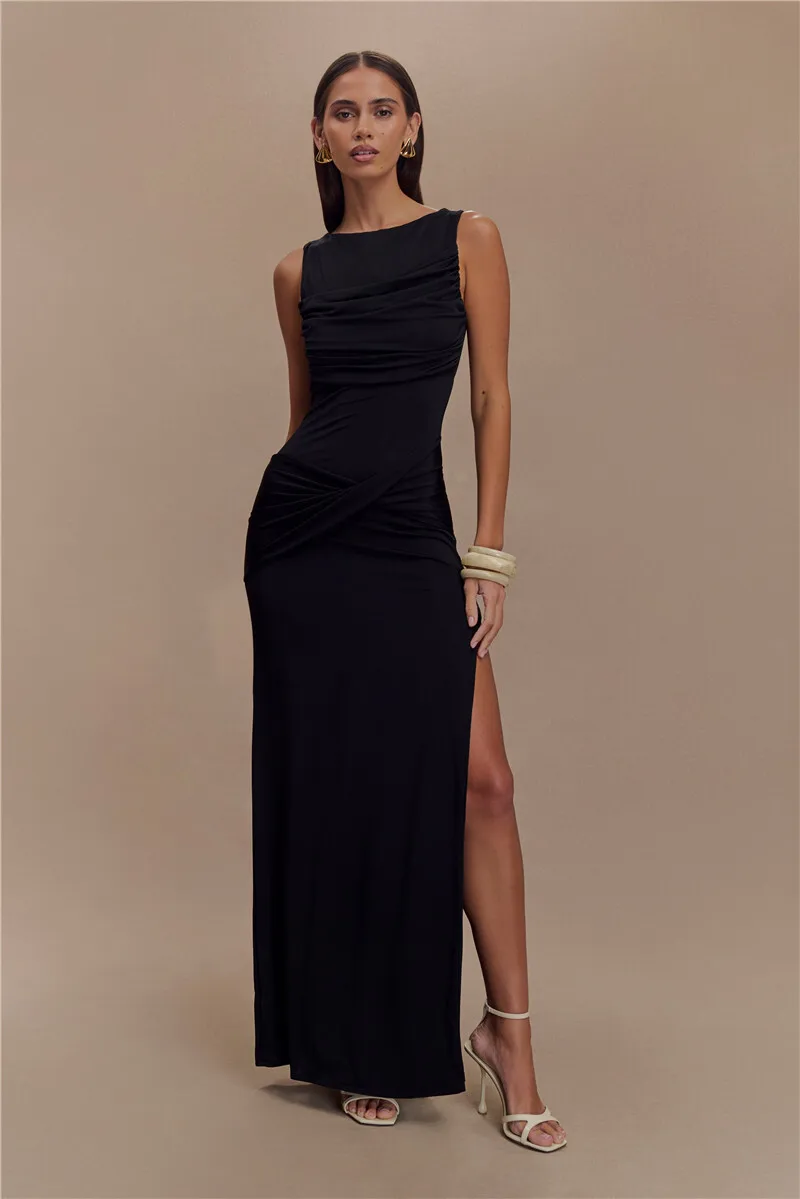 Backless Ruches Sexy Maxi Jurk Vrouwen Zomer O Hals Hoge Split Bodycon Elegante Lange Jurk Mode Jurk Mouwloze Jurken 2025