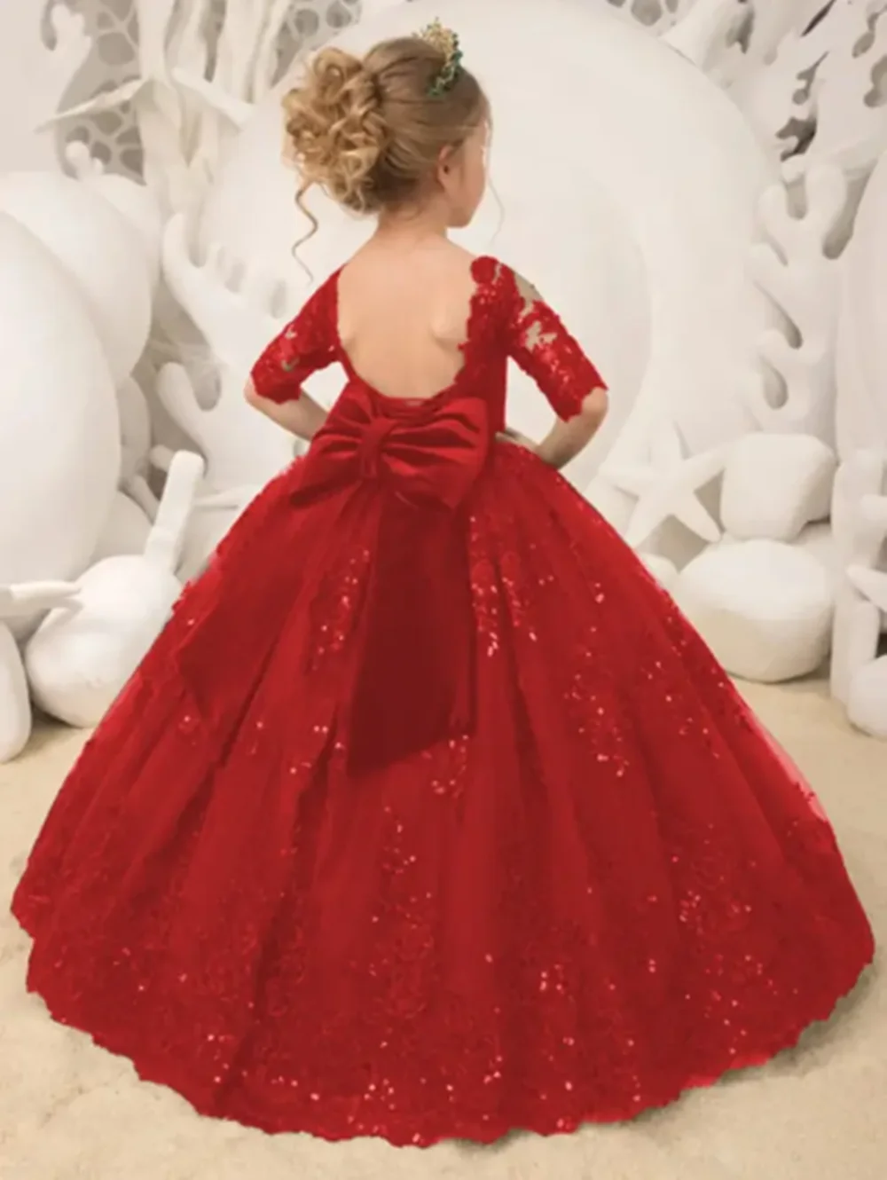 Emerald Red Long Princess Flower Girl Dresses Appliques Bow Tulle Half Sleeve Wedding Party Ball Gown Birthday Pageant Robe