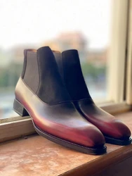 Cie Hand-Painted Wine Chelsea Beveled Waist/Fiddle-back Ankle Boots Leather Sole Men High Quality Can Custom Color MA18