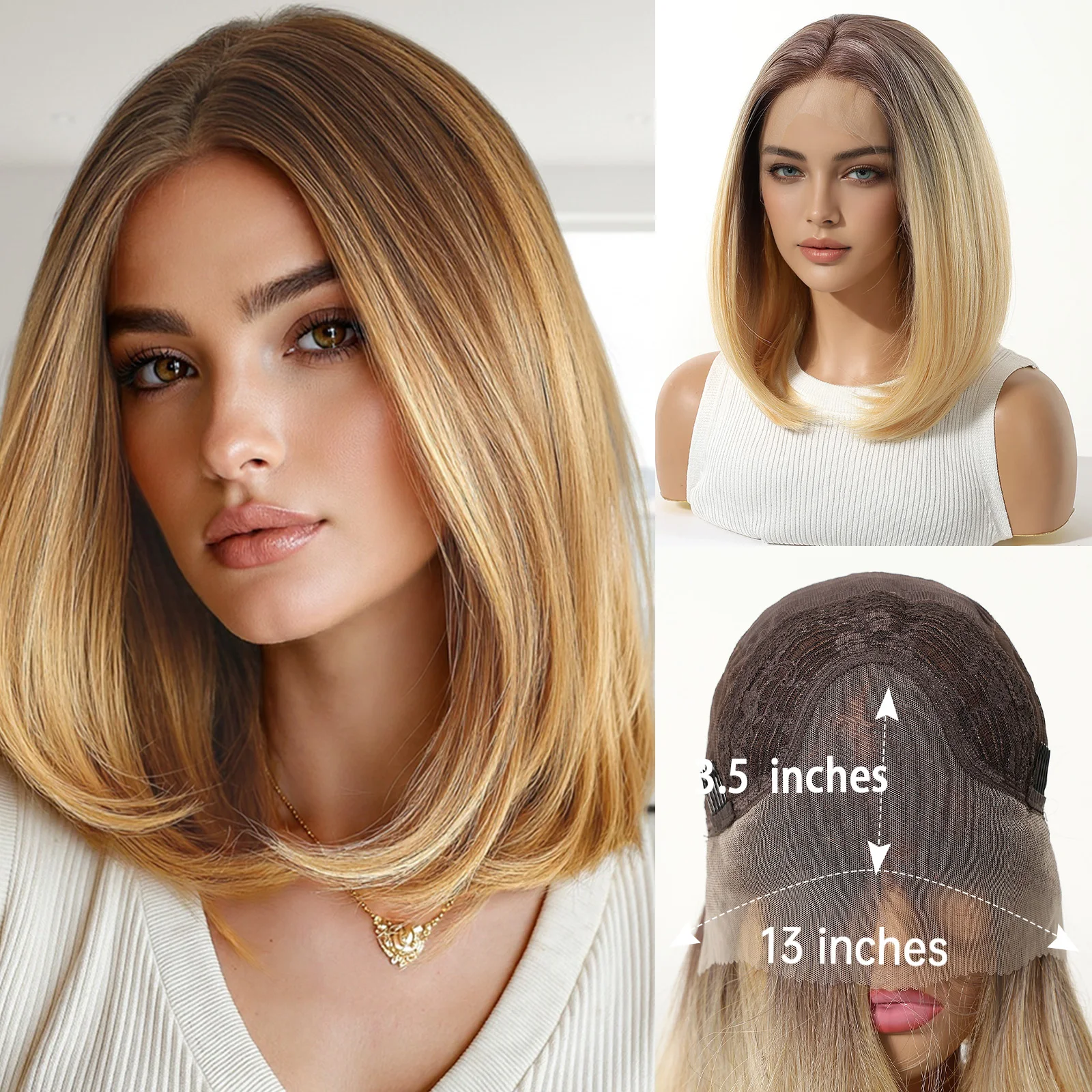 HENRY MARGU Dark Brown To Light Blonde Lace Front Wig 13*3.5 Short Straight Lace Frontal Wig for Women Cosplay Natural Fake Hair
