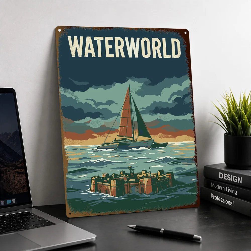Waterworld Sailboat And Fortress Scene Printed Poster Customized Aluminum Metal Sign Tech Thriller Wall Art Made For Space Fans