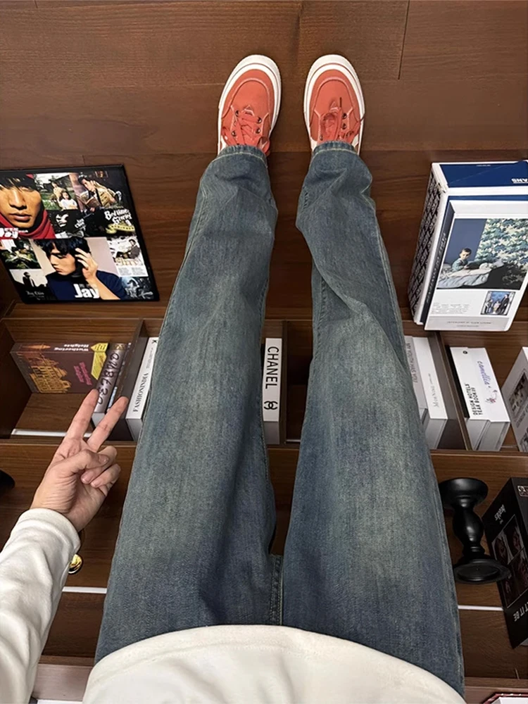 

Мужские синие джинсы прямого кроя в винтажном американском стиле, с высокой талией, зауженные, с эффектом потертости, микро-клеш, для повседневного образа