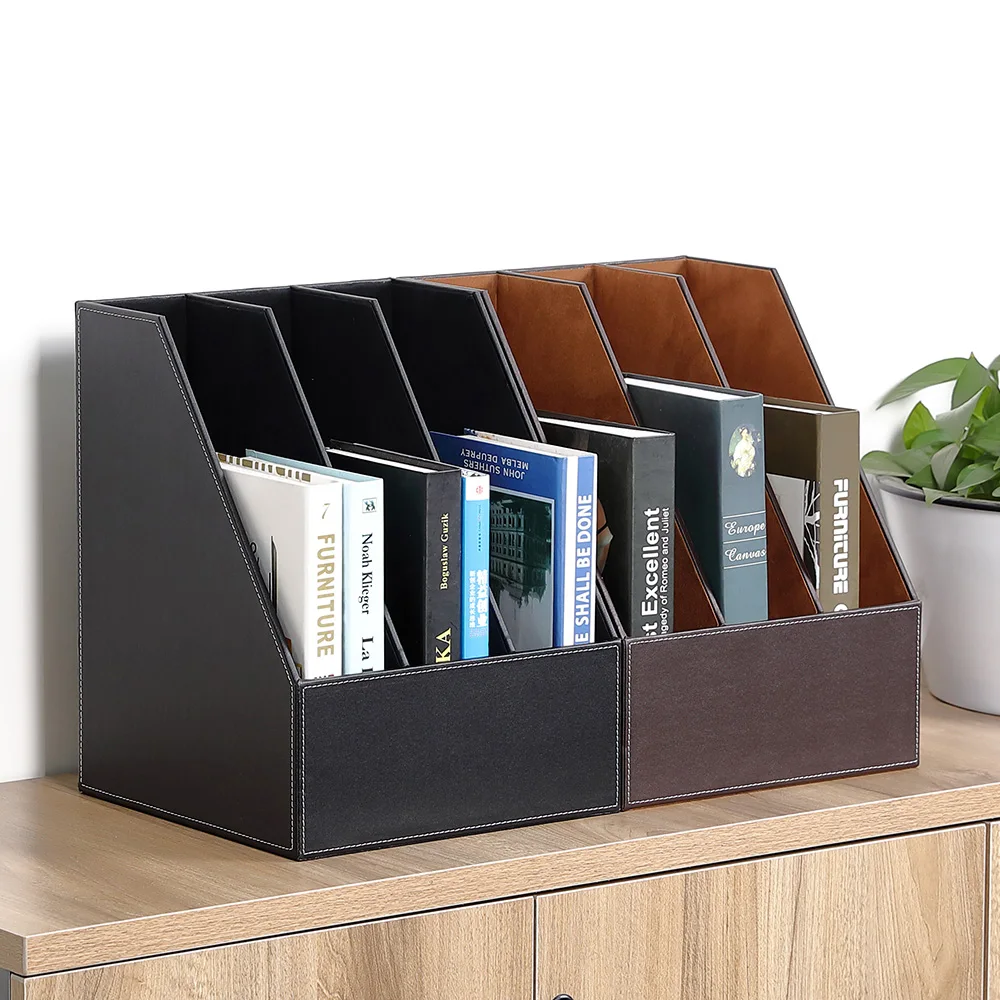 

slanted 3-grid A4 wooden leather desk file book document stand magazine rack filing organizer holder tray cabinet back 219A