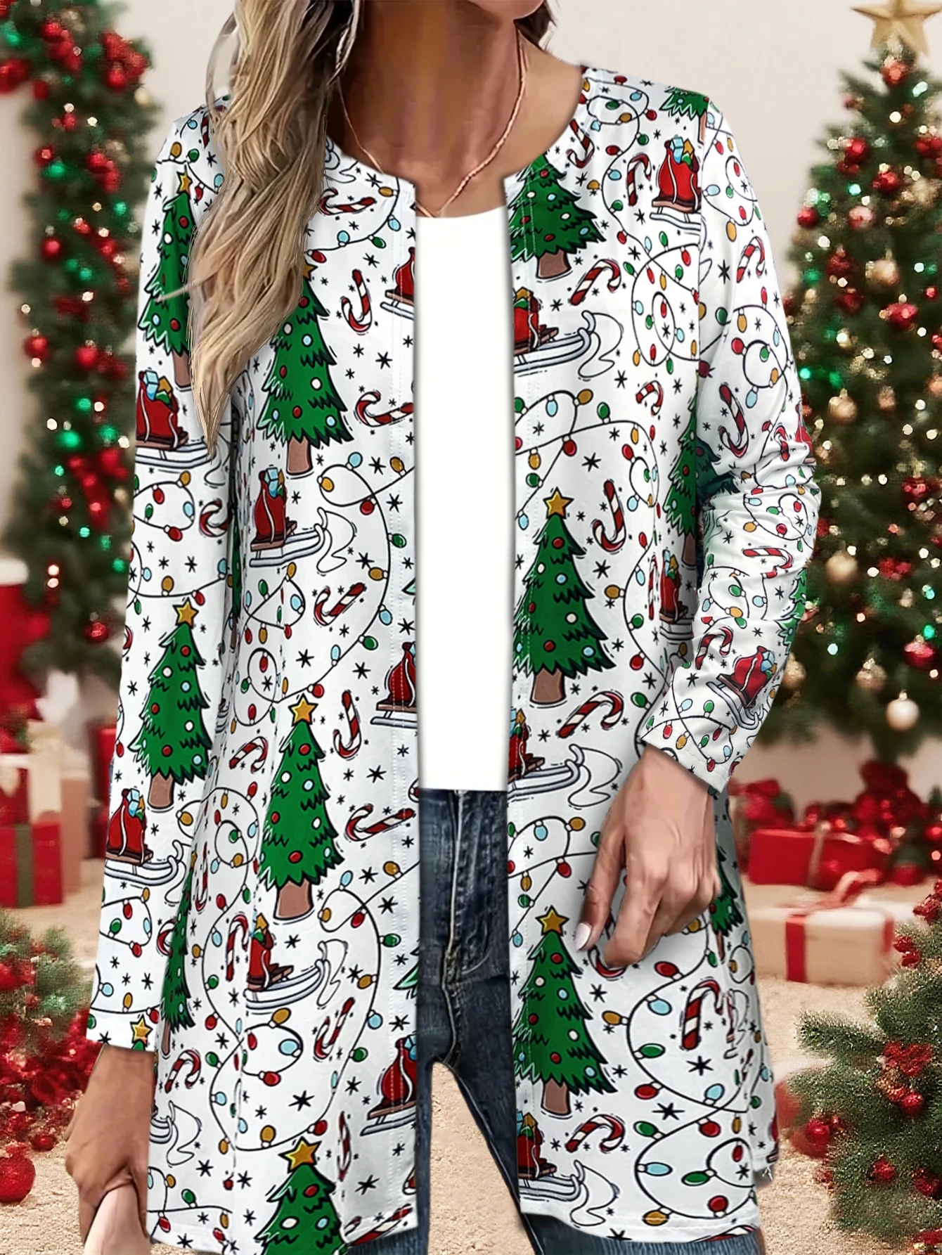 Women's Cute Christmas Print Open Front Cardigan, Long Sleeve Santa & Tree Pattern Coat, Super Festive for Holiday & Daily Wear