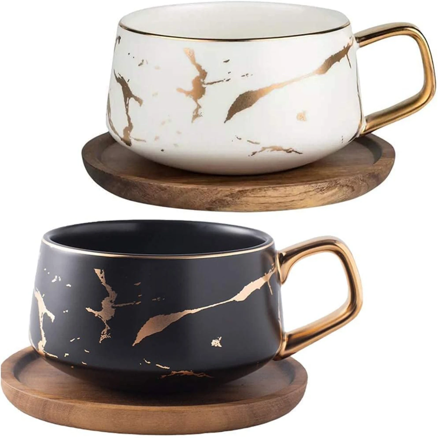 Luxurious and Elegant Matte Marble Ceramic Tea Coffee Cups with Stylish Black and White Luxury Wood Saucers, featuring Exquisite