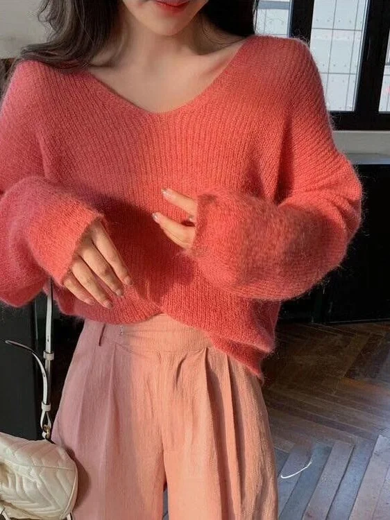 

Soft Thin V-Ne Mouton Sweater Women Loose Lazy Sle Sea Hair Knitted Top Spring Autumn Winter Color Polyester