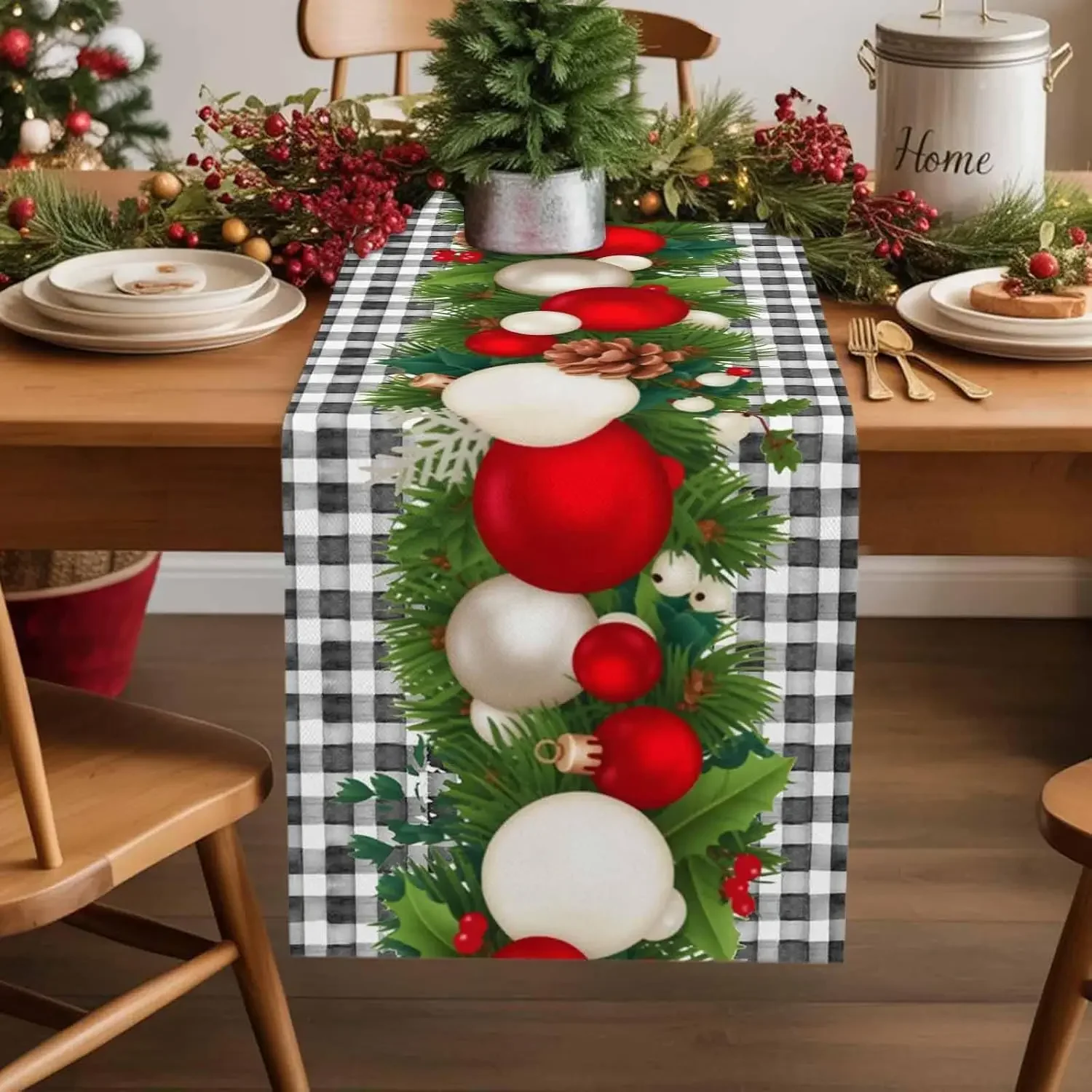 Christmas Pine Needle Xmas Balls Buffalo Plaid Table Runner Party Decor Winter Kitchen Dining Table Runner Christmas Decorations