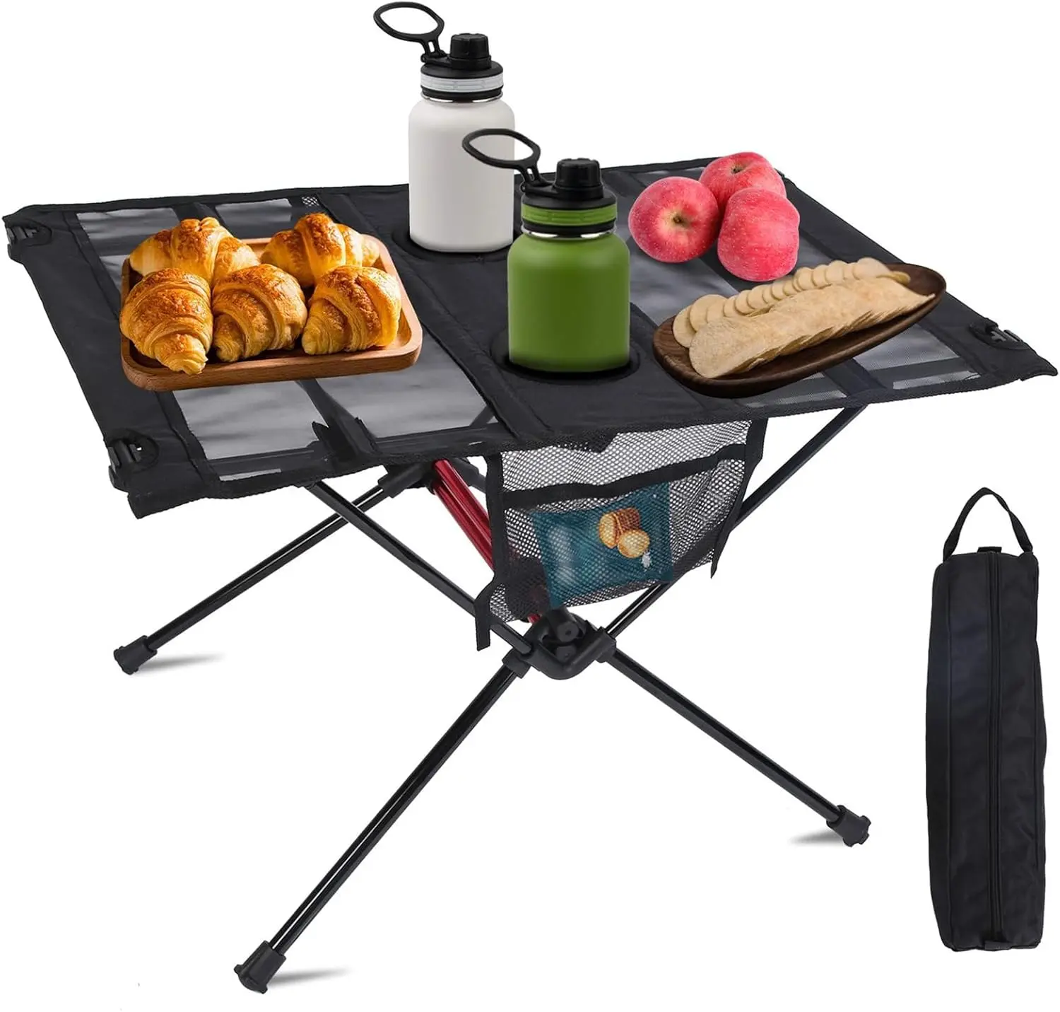 Portable Folding Camping Table with Aluminum Alloy Frame 2 Cup Holders Side Pockets Compact Picnic Beach Table for Outdoor Hikin