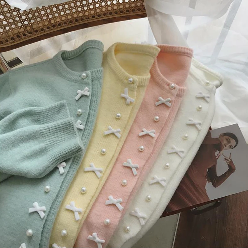 Autumn Sweet Bow Knitted Cardigan Women 2023 Korean Casual All-Match Cardigans Woman Gentle Style Pearl Buttons Sweater Jacket